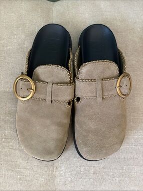 Mango Taupe Suede Slip-On Mules with Gold Buckle